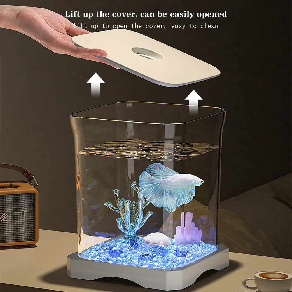 Aquarium Starter Kit Mini Desktop Rechteckiges Aquarium mit oberes Futterloch mit unten Licht Tischdekoration für Betta So ist Leben