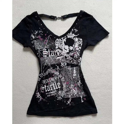 Harajuku Y2k Goth Frau Grafik T-Shirts Vintage Punk rückenfreie Shirts 90er Jahre süße heiße Mädchen Grunge T-Shirts Crop Top Baby Tees Sexy So ist Leben
