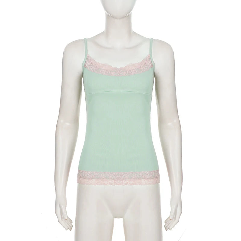 SUCHCUTE Sexy Spitzenbesatz Patchwork Camisole Y2K Ärmellose Spaghetti-Träger Cami Tops Sommer Urlaubskleidung Damen Tank Coquette So ist Leben