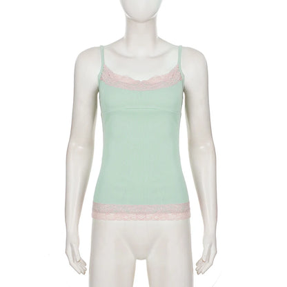 SUCHCUTE Sexy Spitzenbesatz Patchwork Camisole Y2K Ärmellose Spaghetti-Träger Cami Tops Sommer Urlaubskleidung Damen Tank Coquette So ist Leben
