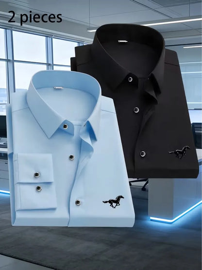 2 Stück Herren Business Casual Langarmhemden mit schwarzem Pferdemuster, Premium Business Casual Hemd, Slim Fit, Langarm, 5 Farben So ist Leben