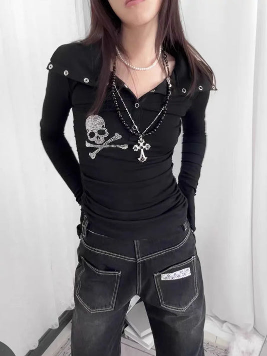 Streetwear Kleidung Hot Shoujo Girl Y2k T-Shirts Lange Ärmel Goth Grunge Skull Strass 2000er Jahre Gyaru Tees Top Damen Slim Blusen So ist Leben
