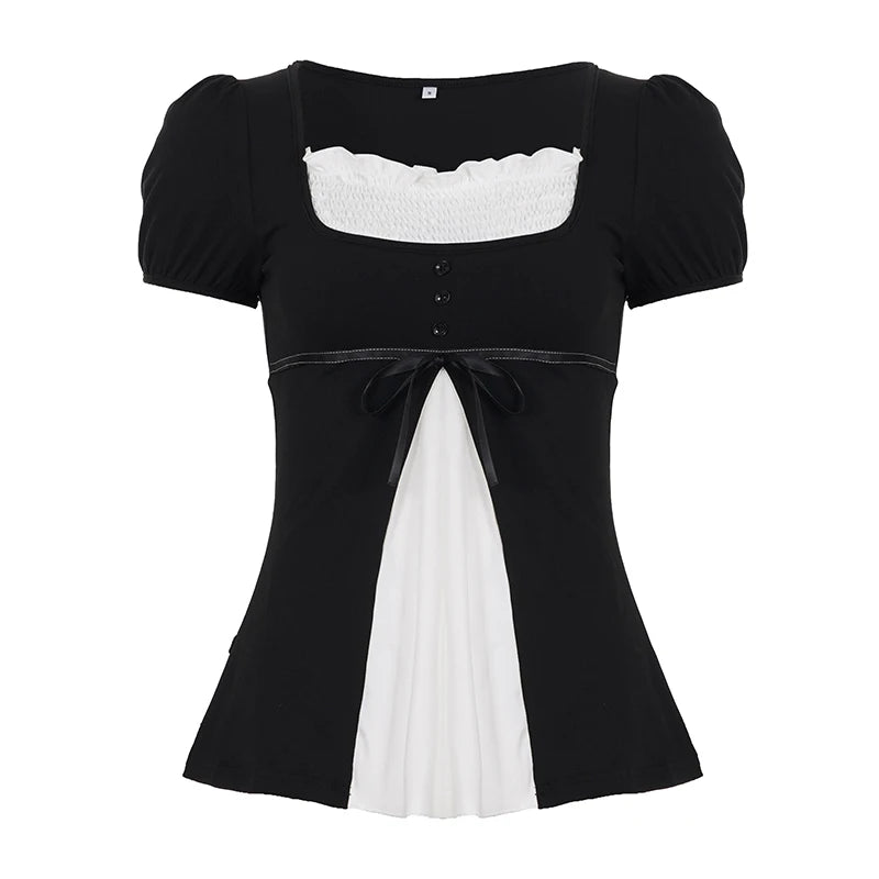 [RUOKE] Lässiges Y2K-Top in Kontrastfarbe für Damen, Frühling, Sommer, quadratischer Ausschnitt, Puffärmel, Schleife, schmale A-Linie, Babydoll-Bluse, süße Coquette So ist Leben
