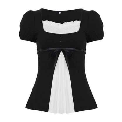 [RUOKE] Lässiges Y2K-Top in Kontrastfarbe für Damen, Frühling, Sommer, quadratischer Ausschnitt, Puffärmel, Schleife, schmale A-Linie, Babydoll-Bluse, süße Coquette So ist Leben