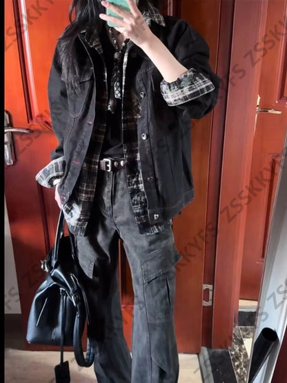 Ästhetik Mantel Goth Punk Vintage Denim Shirt Y2k 2000er Jahre High Street Harajuku Button Plaid Basics Hot Girl Grunge Emo Jacke Chic So ist Leben