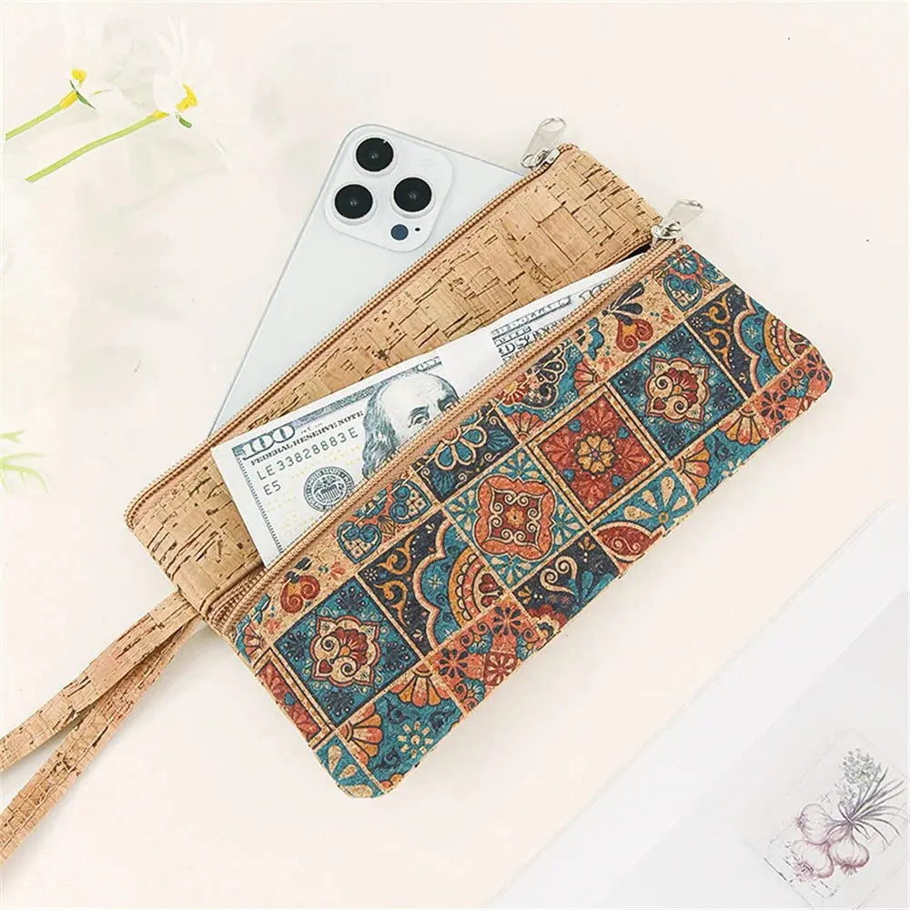 Cork Retro Print Coin Purse Portable Cell Phone Pouch Mini Wallet Double Layer Zipper Money Bag Key Lipstick Organizer Pouch - So ist Leben