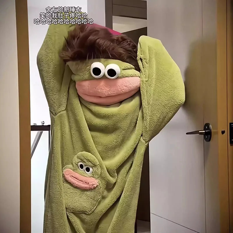 Hangyodon One Piece Pyjama aus Korallenfleece, dick, warm, für den Winter, Cartoon-Motiv, lustiger Fischmund, Nachtwäsche für Damen und Herren, Paar-Loungewear So ist Leben