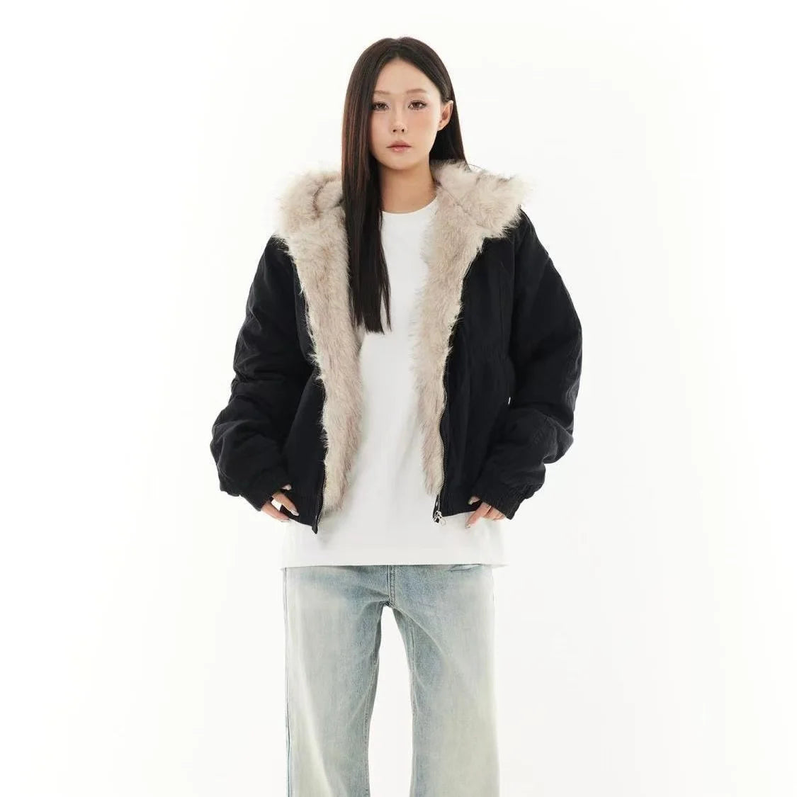 Y2K Winter Neue Blaue Plüsch Baumwolle Gefütterte Jacke Unisex Amerikanische High Street Kapuzenjacke Verdickte Paare Casual Mantel So ist Leben