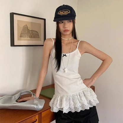 Frauen Patchwork Spitze Weiß Hosenträger Weste Trim Bottom Saum Schicht Dünne Halter Tops Rüschen Rand Haut-freundliche Atmungsaktive Weste So ist Leben