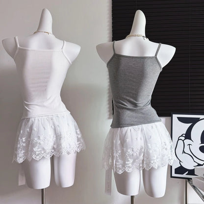 Spitzen-Unterhemd, Rüschen, Patchwork-Saum, Cami 2025, sexy Top, Damen, langes ärmelloses T-Shirt, Leibchen, Y2K, koreanische graue Baumwoll-Camis So ist Leben