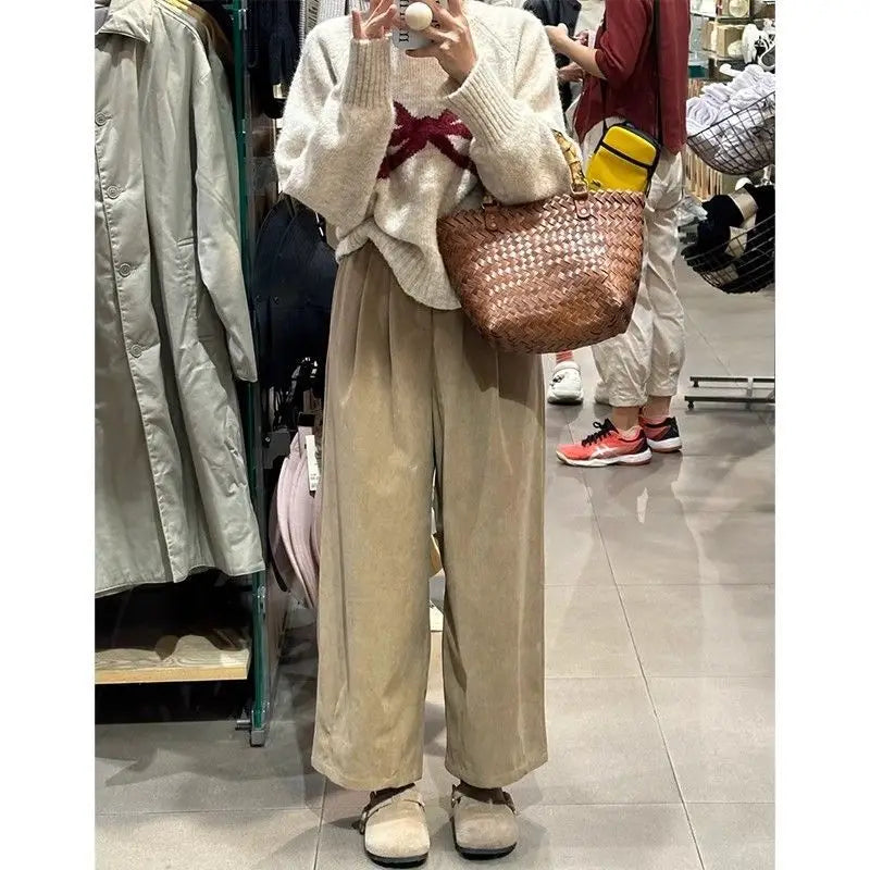 Hohe Taille Cord Hosen frauen Verdickt Fleece Herbst Winter Neue Stil Casual Lose Gerade Bein Abnehmen Breite Bein Hosen So ist Leben