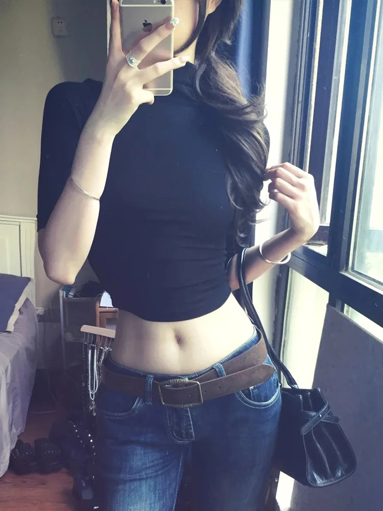 Genayooa Y2k Vintage T-shirt Frauen Drei Viertel Solid Black Crop Tops Schlank Rollkragen T-shirts Streetwear Japanische 2000er Jahre Tops So ist Leben