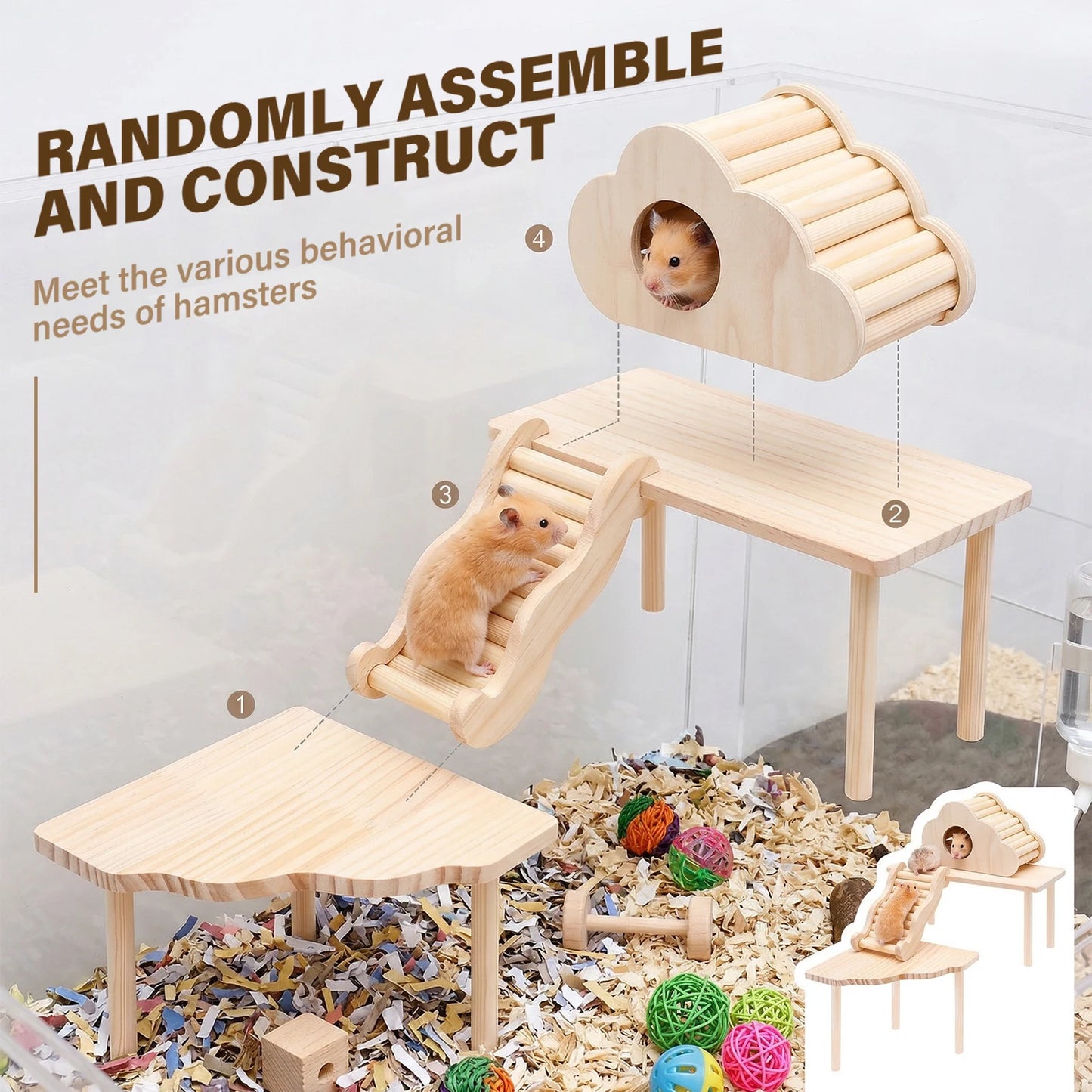 4-teiliges Hamster-Plattform-Set mit Leiter, Versteck, Holzspielhaus und Klettertreppe für Kleintiere wie Hamster, Ratten, Gerbils, Chinchillas und Mäuse So ist Leben