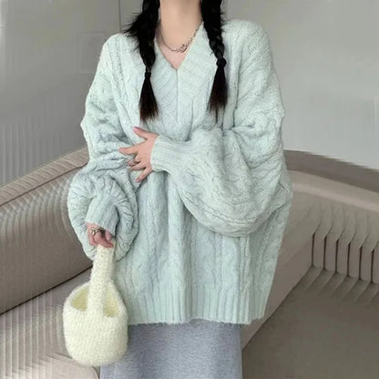 Herbst Winter Frauen Pullover Harajuku Übergroßen Gestrickte Pullover Koreanische Langarm V-ausschnitt Strickwaren Preppy Solide Lose Jumper So ist Leben