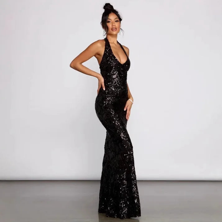 Sexy Hals Kragen Pailletten Kleid Modische Vielseitige Lange Kleid 2025, Herbst Und Winter Neue Produkt Mode Temperament Retro Wo So ist Leben