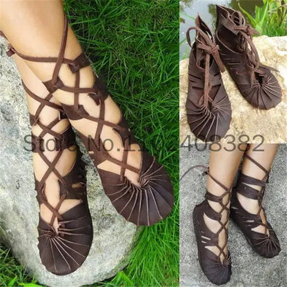 Mittelalter liche gotische Vintage Stiefel für Frauen Elf Hexe Blätter Schnürschuhe Cosplay Kostüm Vintage Riemchen flache Sandalen Sommer So ist Leben