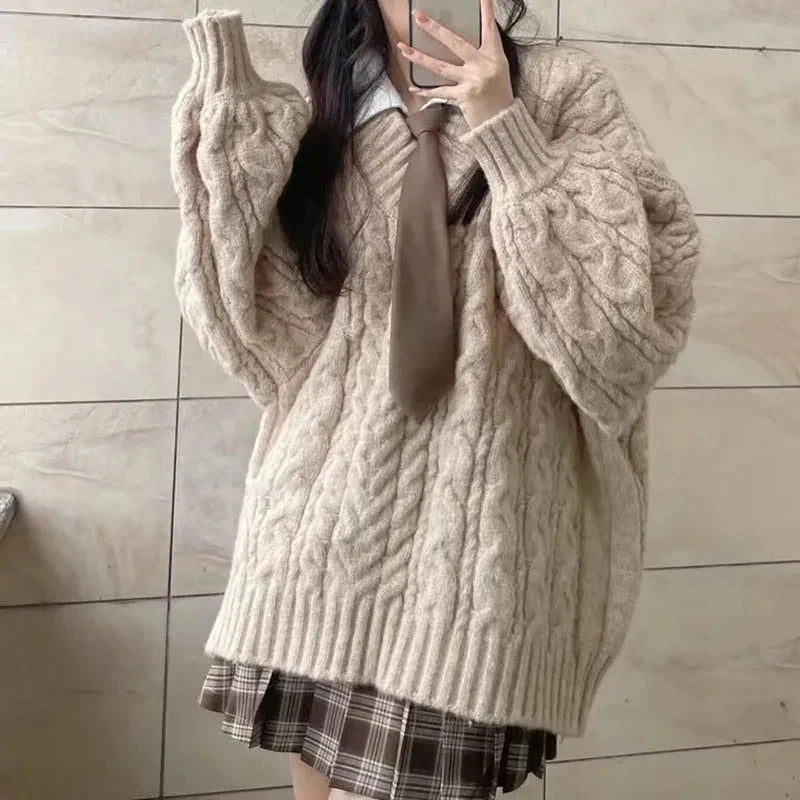 Herbst Winter Frauen Pullover Harajuku Übergroßen Gestrickte Pullover Koreanische Langarm V-ausschnitt Strickwaren Preppy Solide Lose Jumper So ist Leben