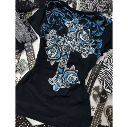 Rock Gothic Streetwear Brief Kreuz Grafik T-shirts Gyaru 2000s Kleidung Harajuku Top Frauen V-ausschnitt Tees Süße Y2k Vintage t-shirt So ist Leben