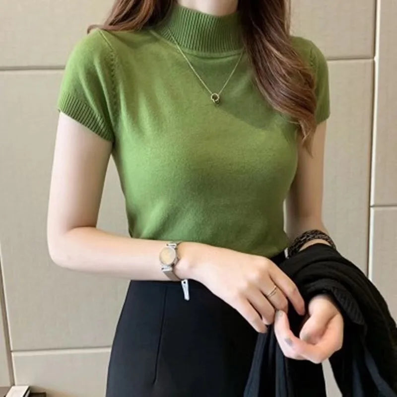 2025, mode Frau Pullover Kurzarm Herbst Tops Frauen Rollkragen Gestrickte Pullover Koreanischen Stil Elegante Feste Dünne Tops So ist Leben