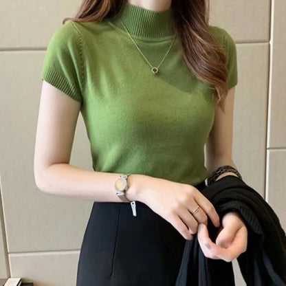 2025, mode Frau Pullover Kurzarm Herbst Tops Frauen Rollkragen Gestrickte Pullover Koreanischen Stil Elegante Feste Dünne Tops So ist Leben