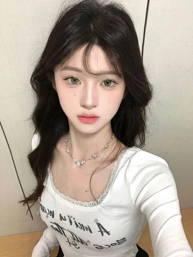 Frauen sexy y2k ästhetische Patchwork Spitze T-Shirt koreanische Harajuku Diamant Brief druck T-Shirts Mode Vintage Bottom ing Crop Top So ist Leben