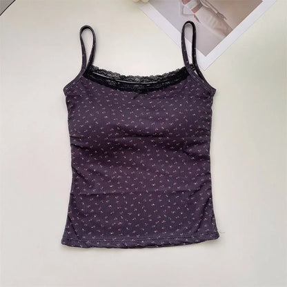 Süße Blumen-Tops, Spitze, Blumendruck, Camis, schmal, Y2K, kurze Tanktops, elegantes Leibchen, sexy Weste, Frühling So ist Leben
