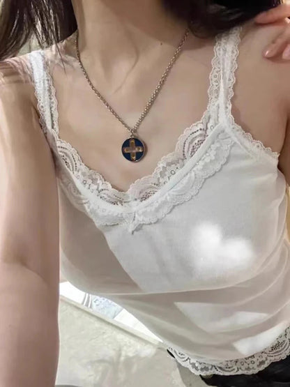 Süße Spitze Patchwork Schlank Tank Tops Frauen Sommer Weiß Sexy Einfache Baumwolle Weiche Ärmellose Westen Weibliche Vintage Chic Y2K Leibchen So ist Leben
