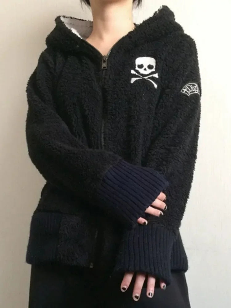 Y2k Lamm Wolle Jacken Frauen Gothic Hoodies Kreuz Schädel Grunge Zipper Sweatshirts Vintage Casual Mit Kapuze Mäntel Harajuku Streetwear So ist Leben