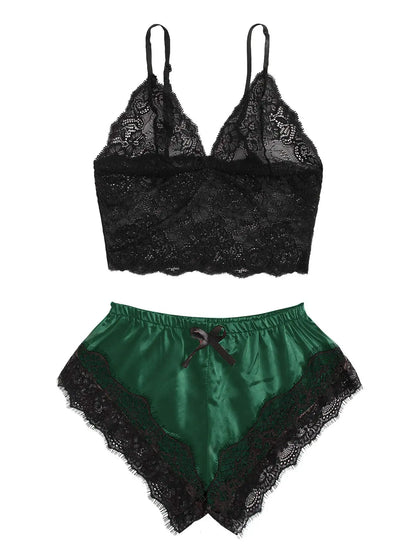 1Damen 2-teiliges sexy Spitzen-Pyjama-Set, durchsichtiges Bralette, Cami-Top und Shorts, atmungsaktive Nachtwäsche, Sommer-Dessous in Übergröße So ist Leben