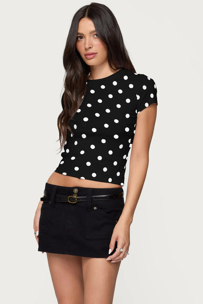 Vintage Polka Dot Kurzarm-T-Shirt für Damen, normale Passform, Rundhalsausschnitt, 2026 Sommer, neues lässiges T-Shirt, trendiges Streetwear-Crop-Top So ist Leben