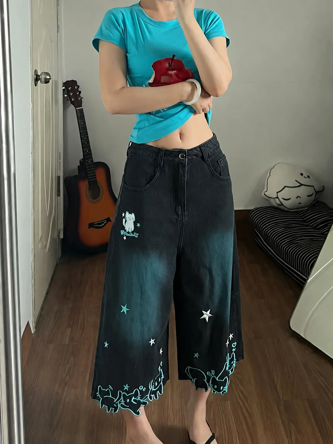 Damen High-Waist Jeans mit Niedlicher Cartoon-Katzen-Stickerei, Vintage Y2K Kleidung, Wadenlange Denim-Hosen, Harajuku Blaue Streetwear So ist Leben