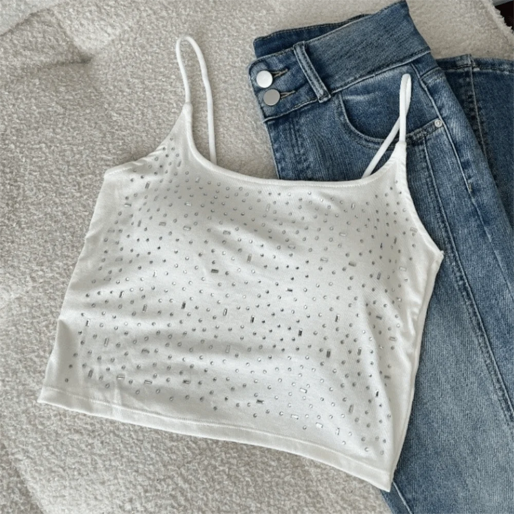 Baumwoll-Diamant-Verzierte Weste mit Gepolsterten Cups, Hochelastisches Pailletten-Camisole, Figurformende Einfarbige Weste, Party-Blusen So ist Leben