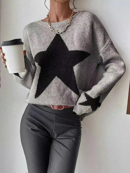 Stern Pullover Pullover Frauen Herbst Frühling Einfache Strick Elastische Pullover Jumper Casual Dicke Warme Schwarz Weiß Grundlegendes Jumper So ist Leben