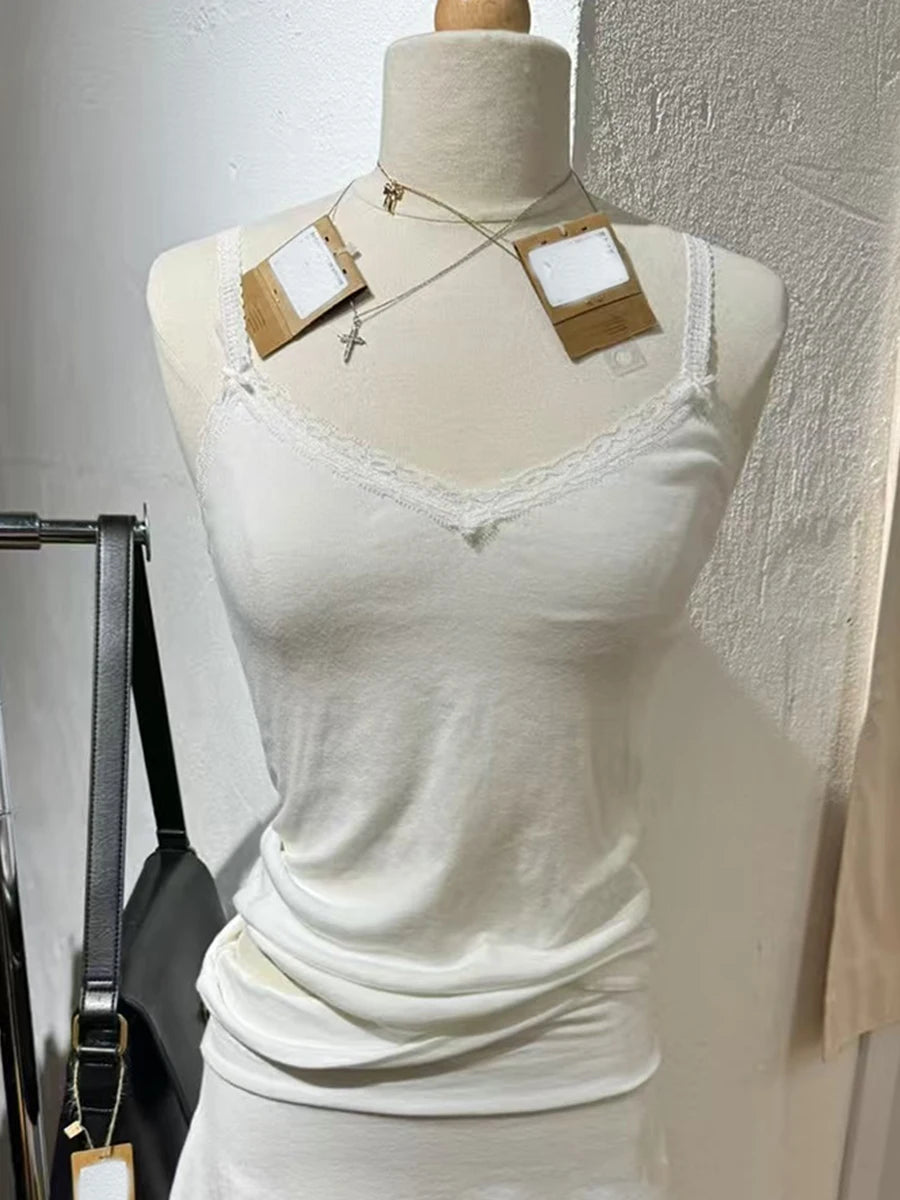 Weißes, ärmelloses Tanktop mit Spitzenbesatz für Damen, lässig, weiche Baumwolle, V-Ausschnitt, schmal geschnittene Westen, Vintage, süß, süß, Preppy-Stil, Camis So ist Leben