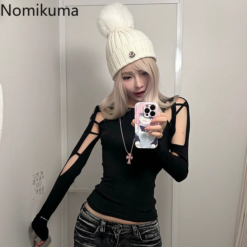 Crop Tops T-shirts für Frauen Oansatz Langarm Schwarz Tees Mode Lässig Koreanische Camisetas Y2k Top Aushöhlen Sexy Sommer T-shirt So ist Leben