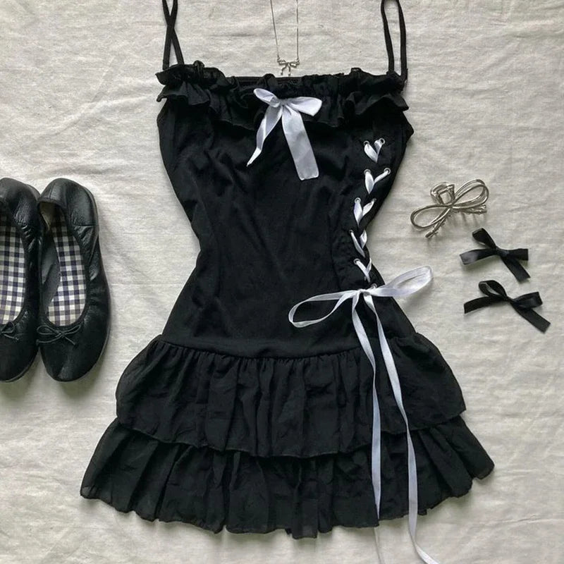 Vintage Y2K Gothic Harajuku Damen Kleid Slim Fit Casual Lace-Up Neckholder Punk Rock Emo Girl Streetwear Fashion So ist Leben