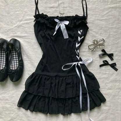 Vintage Y2K Gothic Harajuku Damen Kleid Slim Fit Casual Lace-Up Neckholder Punk Rock Emo Girl Streetwear Fashion So ist Leben