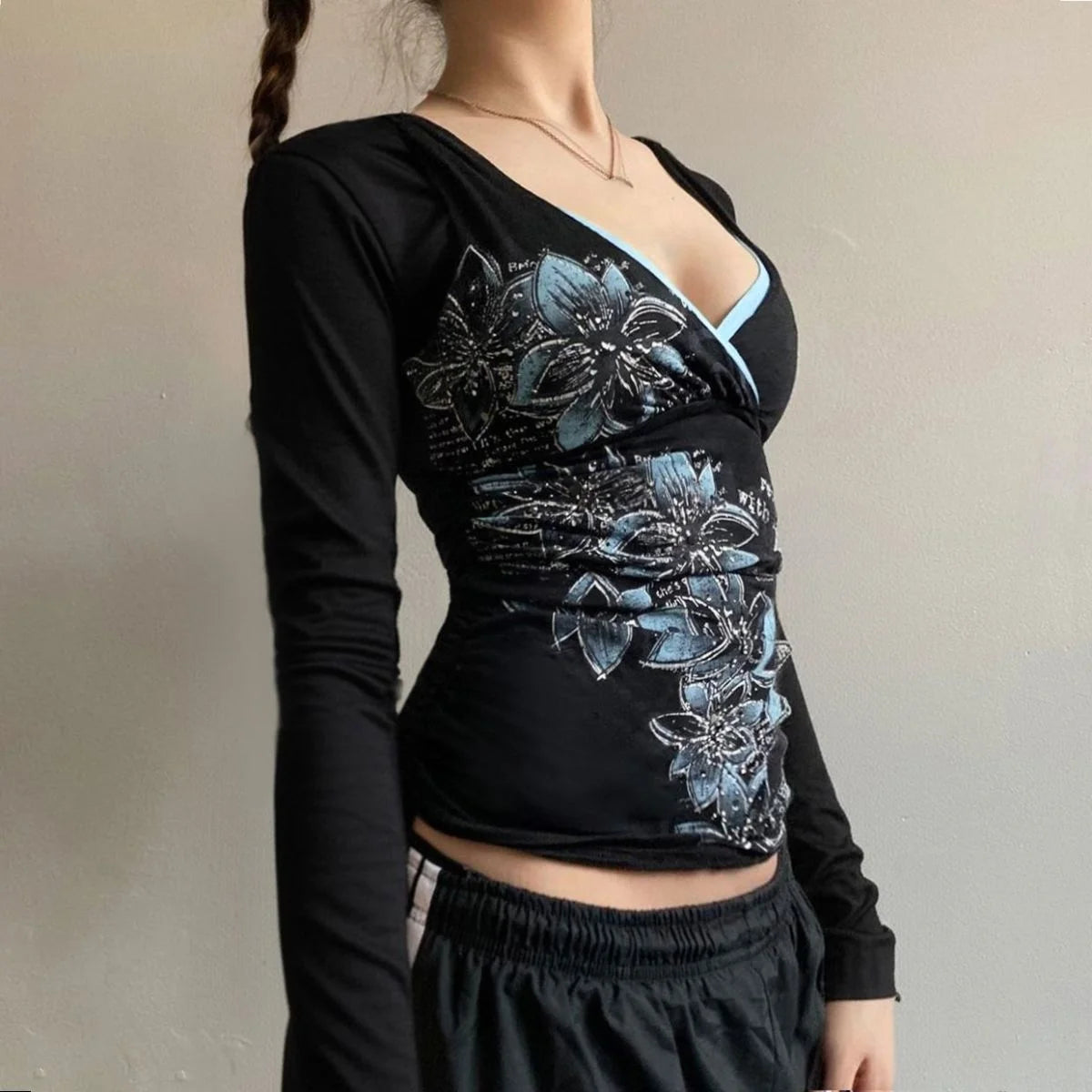 Amerikanisches Retro-Kontrastfarben-T-Shirt mit V-Ausschnitt, bedruckt, würziges Mädchen, schmale Passform, Herbst, Y2K, Harajuku-Stil, Punk, sexy, rückenfreies Top So ist Leben