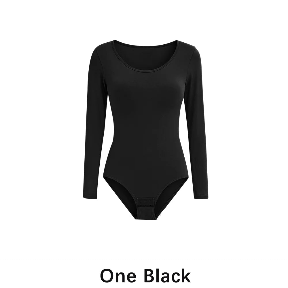 Damen 1er-Pack Langarm-Bodysuit Shapewear Schlankheits-Bodyshaper Rundhals Nahtloser Former Neue Mode Schwarzes Top So ist Leben