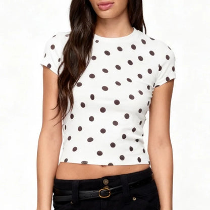 Vintage Polka Dot Kurzarm-T-Shirt für Damen, normale Passform, Rundhalsausschnitt, 2026 Sommer, neues lässiges T-Shirt, trendiges Streetwear-Crop-Top So ist Leben