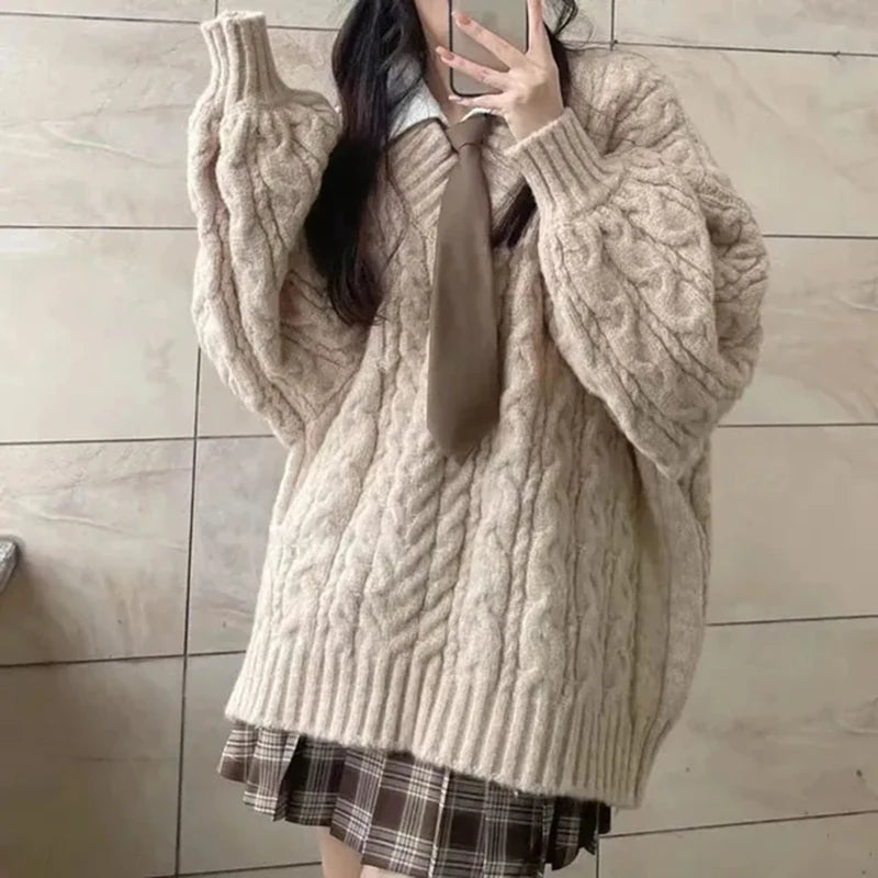 Herbst Winter Frauen Pullover Harajuku Übergroßen Gestrickte Pullover Koreanische Langarm V-ausschnitt Strickwaren Preppy Solide Lose Jumper So ist Leben
