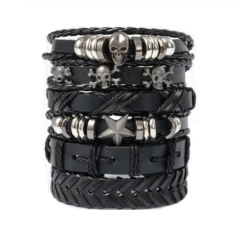Punk Multilayer Antike Leder Armband Set Schädel Auge Stern Charms Hiphop Rock Y2K Vintage Pu Gothic Armband Mann Goth Schmuck So ist Leben