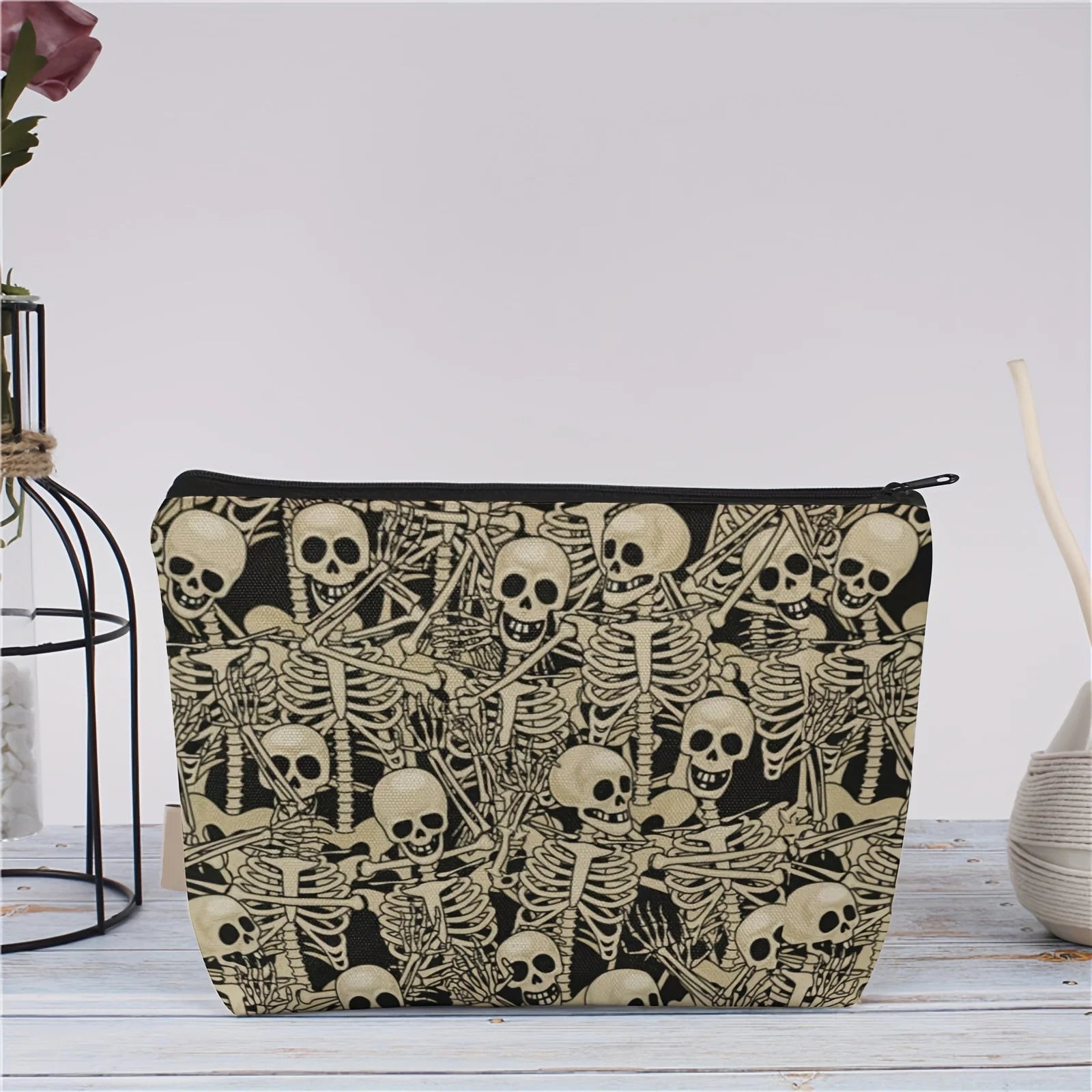 Gruselige Skelett-Tanz-Make-up-Tasche – große Geldbörse und Federmäppchen, Unisex-Halloween-Geschenk mit schwarzem und goldenem Skelett-Design So ist Leben