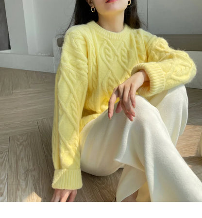 Pullover Frau Winter 2023 Rundhals Bodenbildung Twist Pullover Faul Wind Lose Beiläufige Stricken Pullover Langarm Pullover Jumper So ist Leben