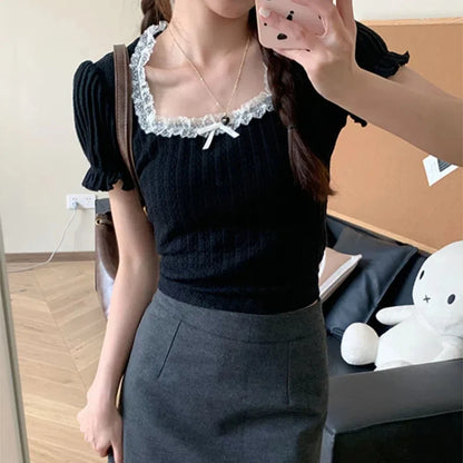 Adrette Art Sommer quadratischen Kragen Alters reduzierung Spitze Kurzarm Damen T-Shirt süße schlanke gestrickte bequeme dünne schicke Tops So ist Leben