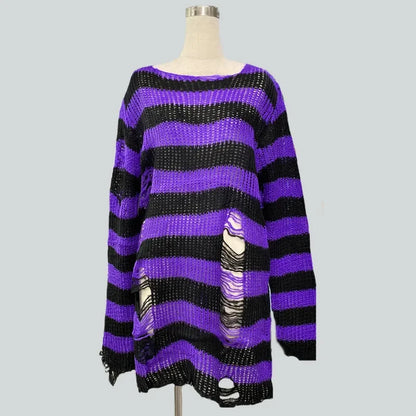 Goth Punk Gothic Pullover Übergroße Pullover Frauen Gestreiften Cool Aushöhlen Loch Gebrochen Jumper Harajuku Ästhetik Pullover So ist Leben