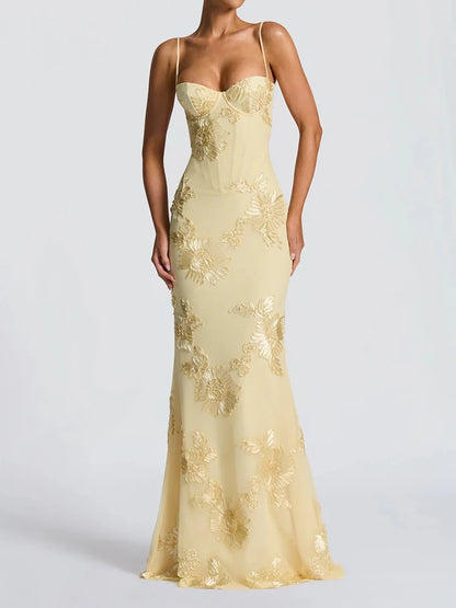 Französisches Rückenfreies Einfarbiges Elegantes Abendkleid mit Trägern, Blumenmuster, Hochwertiges Bankettkleid, Schlankes Kleid So ist Leben