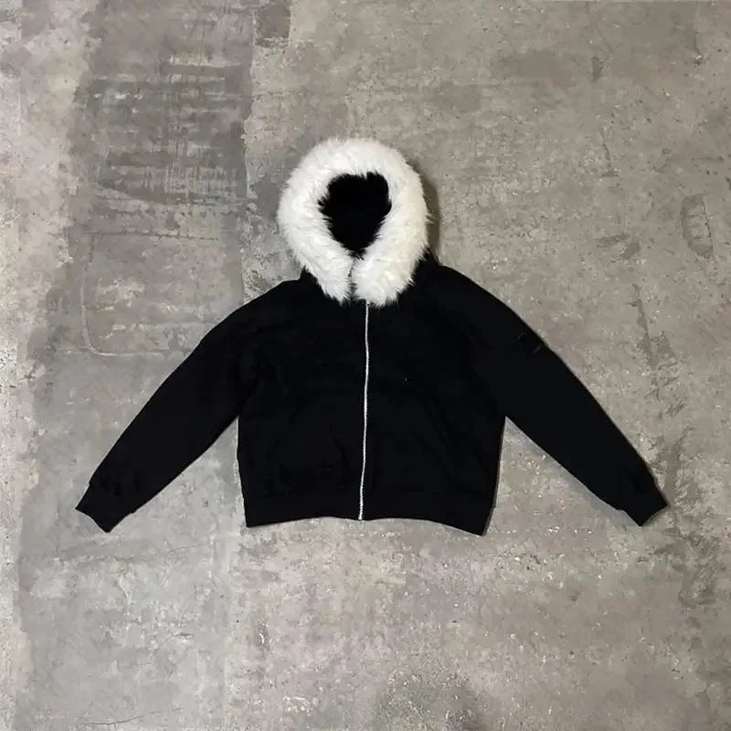 Strickjacke mit Reißverschluss, einfarbig, Basic-Top, Vintage-Stil, High Street, Freizeitmantel, amerikanischer Y2K-Winter, winddicht, warm, Plüschhut, Kapuzenmantel So ist Leben