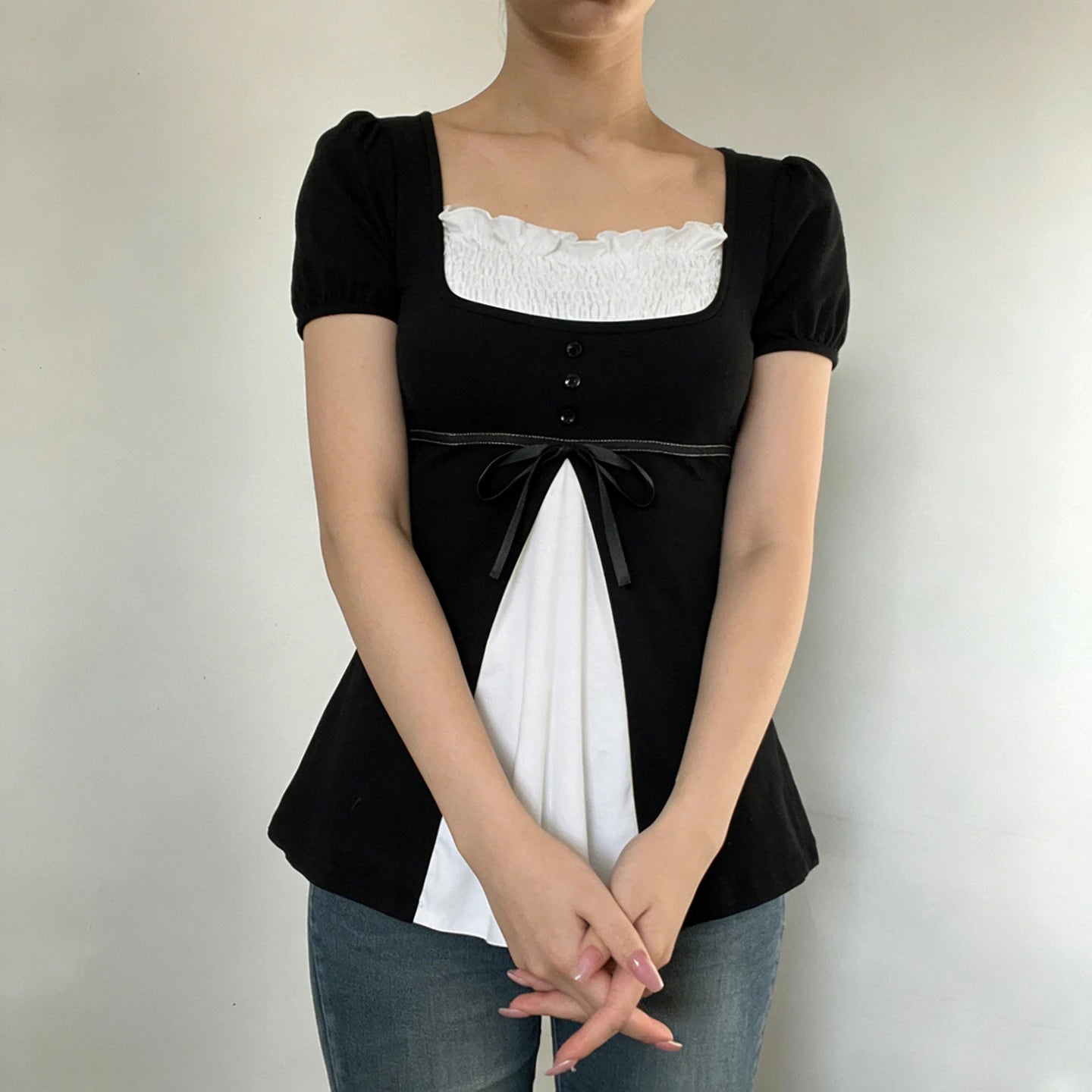 [RUOKE] Lässiges Y2K-Top in Kontrastfarbe für Damen, Frühling, Sommer, quadratischer Ausschnitt, Puffärmel, Schleife, schmale A-Linie, Babydoll-Bluse, süße Coquette So ist Leben