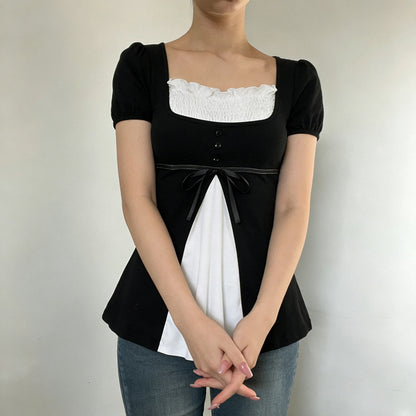 [RUOKE] Lässiges Y2K-Top in Kontrastfarbe für Damen, Frühling, Sommer, quadratischer Ausschnitt, Puffärmel, Schleife, schmale A-Linie, Babydoll-Bluse, süße Coquette So ist Leben